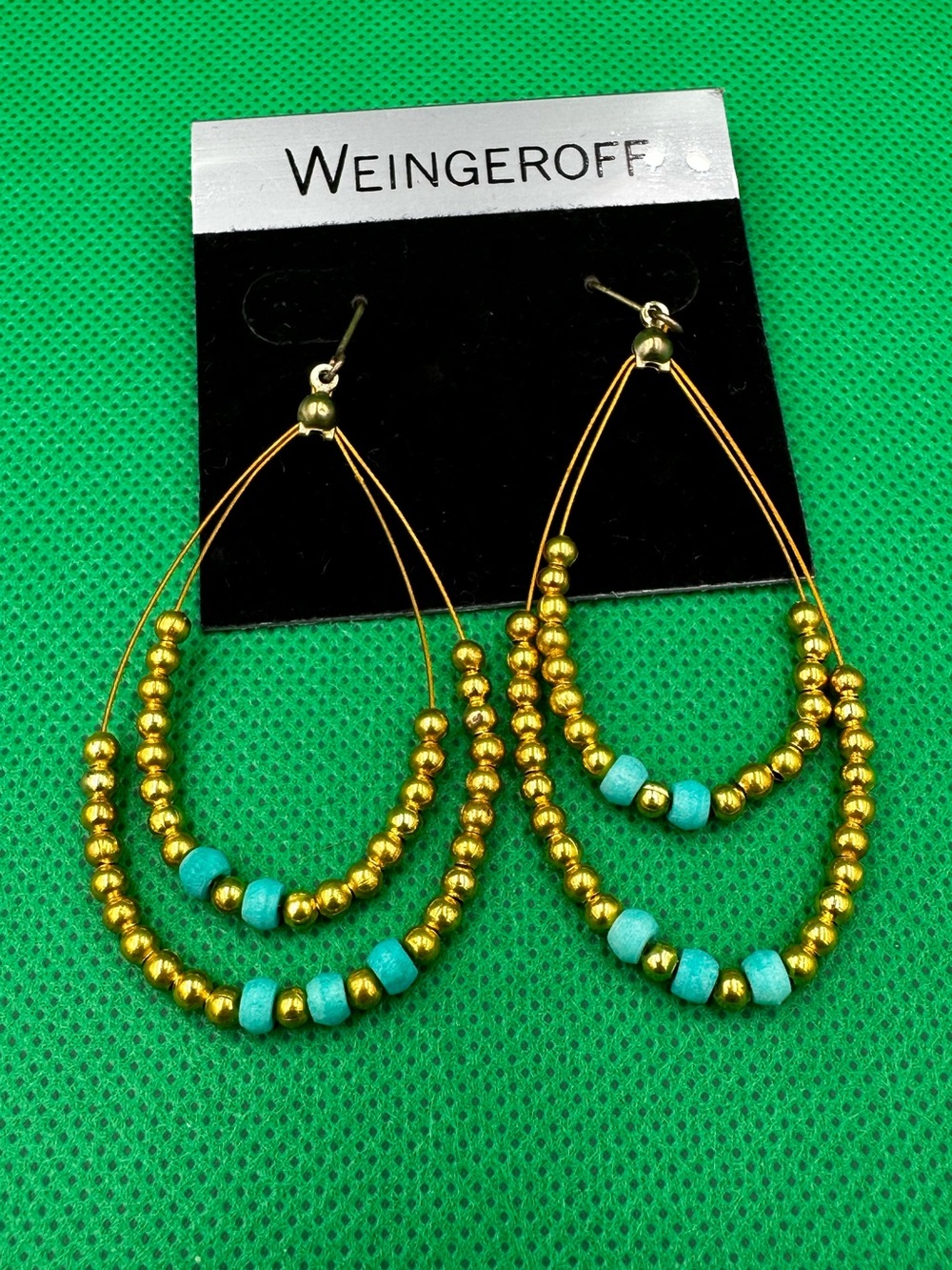 Gold Tone and Turquoise Beaded Double Drop Earrings